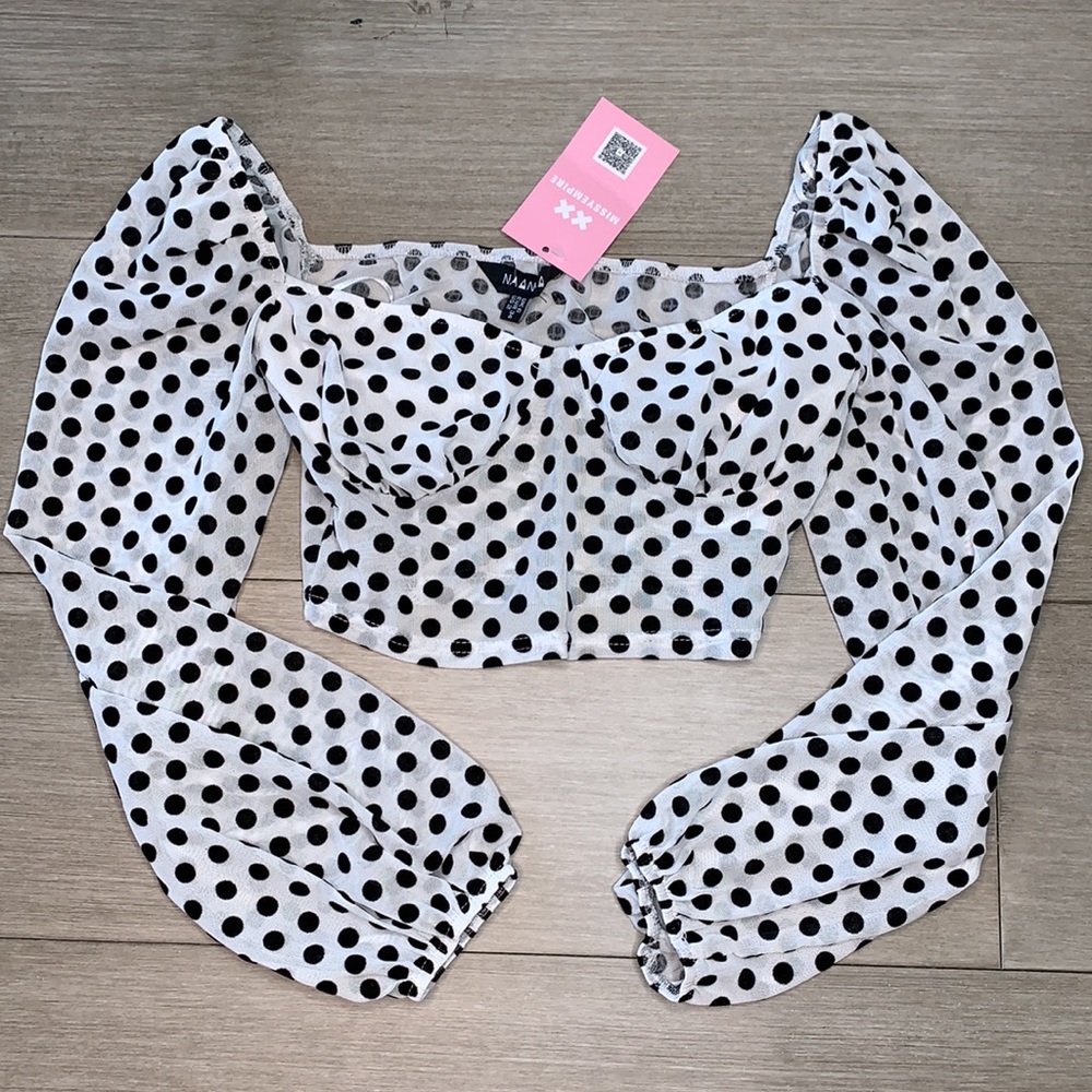 MISSY EMPIRE WHITE MESH POLKA DOT CROP BLOUSE NWT - Picture 3 of 8